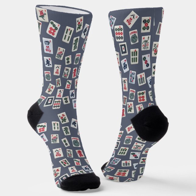 Mahjong tiles on dark blue  socks (Angled)