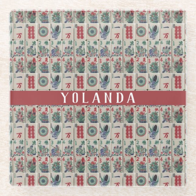 Mahjong Tiles Pattern Personalised Glass Coaster (Front)