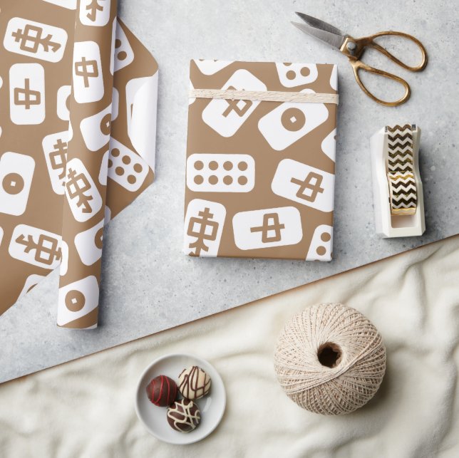 Mahjong tiles pattern white on brown wrapping paper (Crafts)