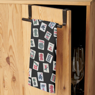 MahJong tiles (symbols) on black Tea Towel