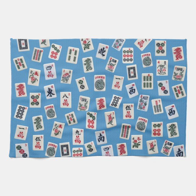 MahJong tiles (symbols) on light blue Tea Towel (Horizontal)