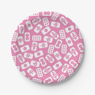 Mahjong tiles white on pink paper plate