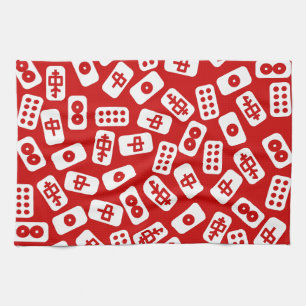 Mahjong tiles white on red tea towel