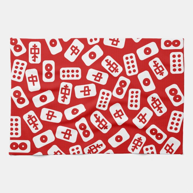 Mahjong tiles white on red tea towel (Horizontal)