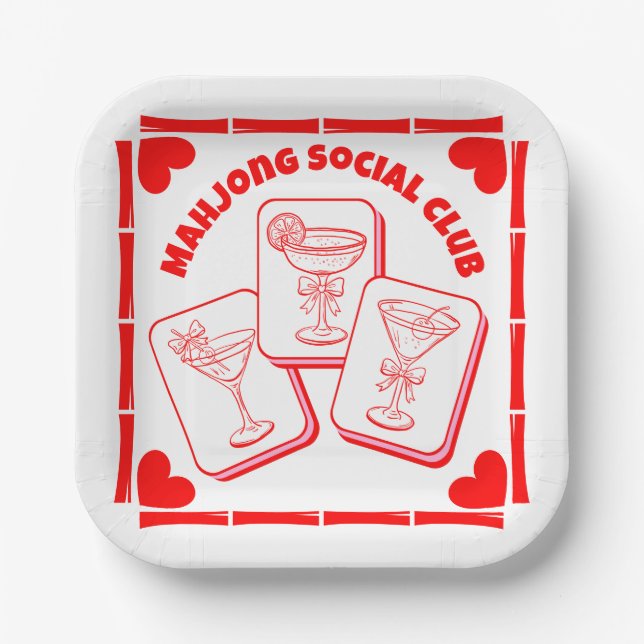 Mahjong Valentine's Party Cocktail Paper Plate (Front)