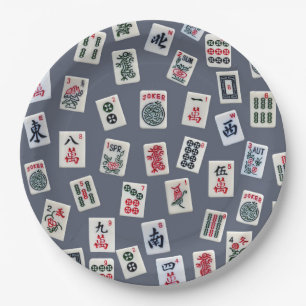 MahJongg tiles design on dark blue Paper Plate