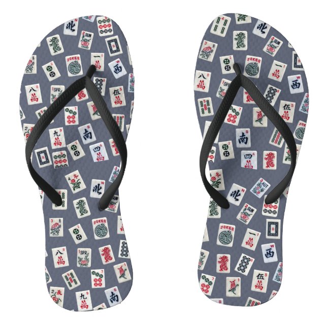 MahJongg tiles design on dark blue Thongs (Footbed)