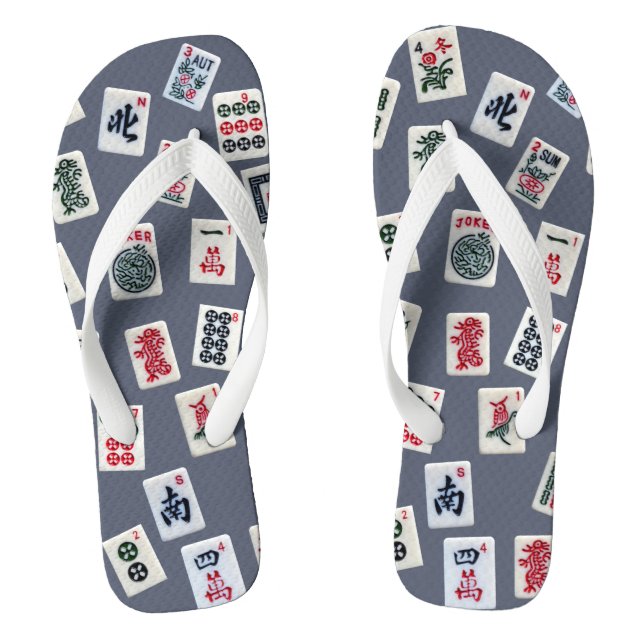 MahJongg tiles design on dark blue Thongs (Footbed)
