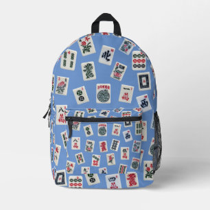 Mahjongg tiles symbols design on blue printed backpack