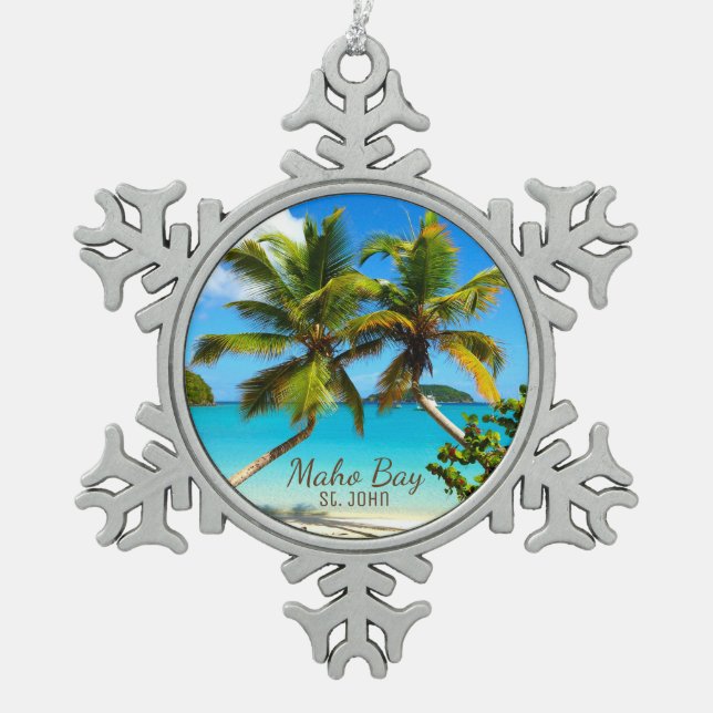 Maho Bay Beach St. John Pewter Snowflake Ornament (Front)
