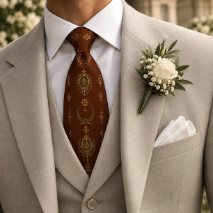 Mahogany Gold Heraldic Crest Laurel Medallion Tie