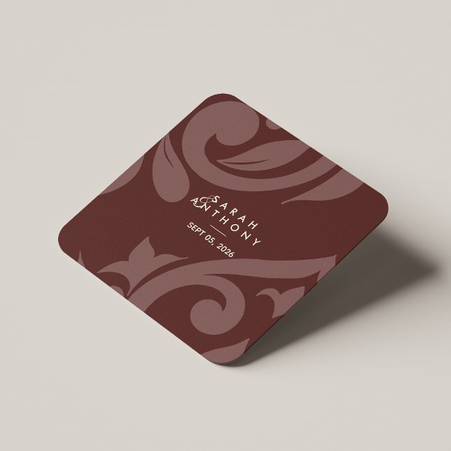 Mahogany Red Classic Script Damask Wedding Square Paper Coaster (Creator Uploaded)
