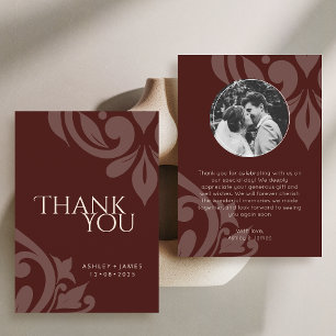 Mahogany Red Classy Elegant Damask Photo Wedding Thank You Card