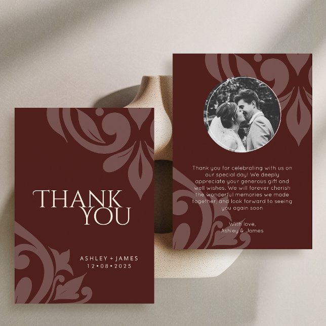 Mahogany Red Classy Elegant Damask Photo Wedding  Thank You Card (Creator Uploaded)