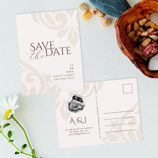 Mahogany Red Ivory Photo Wedding Save the Date Ann Announcement Postcard (Creator Uploaded)