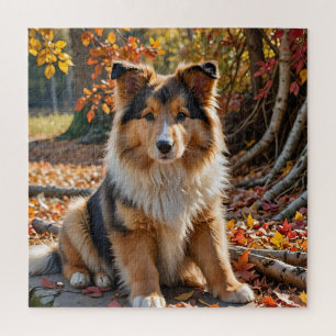Mahogany Sable Rough Collie Pup in Autumn Leaves Jigsaw Puzzle