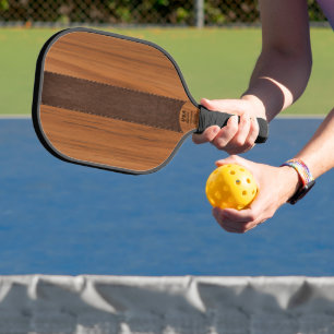 Mahogany Wood And Brown Leather Texture Monogram Pickleball Paddle