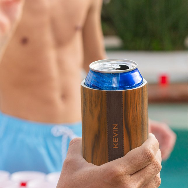 Mahogany Wood And Leather Texture Monogram Can Cooler (Creator Uploaded)