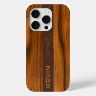 Mahogany Wood And Leather Texture Monogram iPhone 15 Pro Case