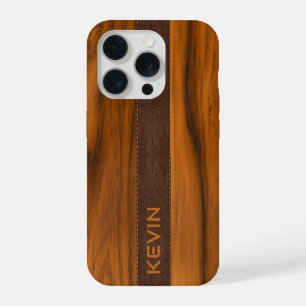 Mahogany Wood And Leather Texture Monogram iPhone 15 Pro Case