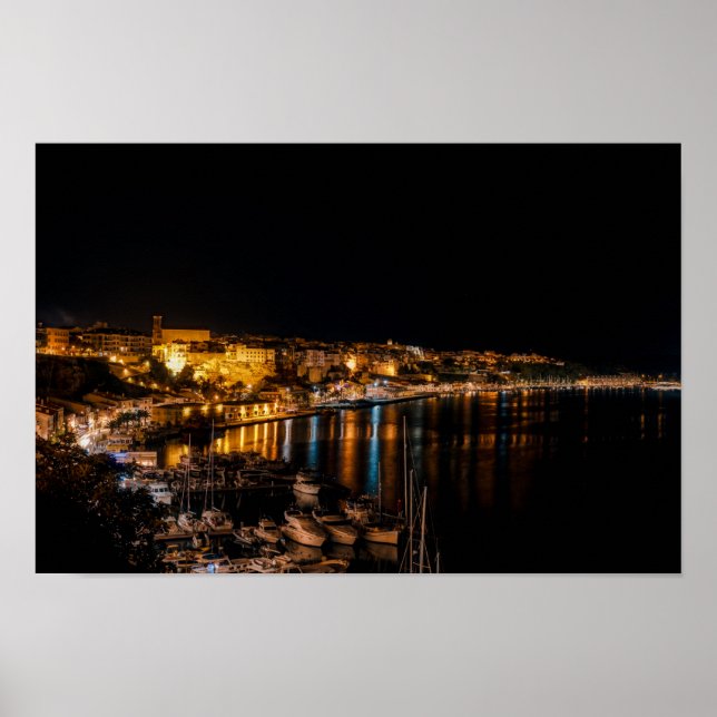 Mahon harbour at night - Menorca, Spain Poster (Front)
