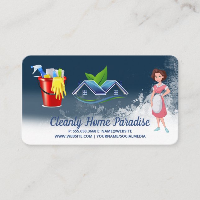 Maid Cleaning House and Cleaning Supplies Business Card (Front)