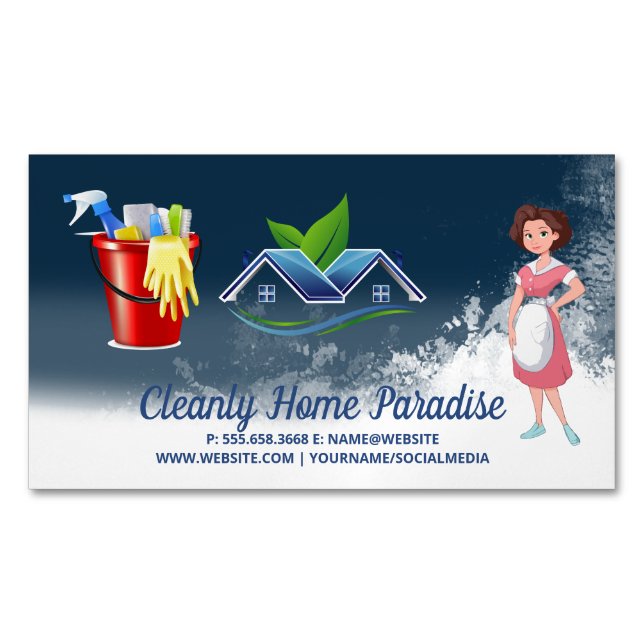 Maid Cleaning House and Cleaning Supplies Magnetic Business Card (Front)
