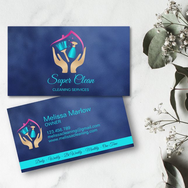 Maid Cleaning House professional Cleaning Services Business Card (modern logo gold hands holding house cleaning tools and roof)