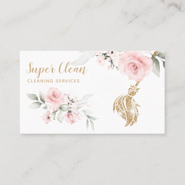 Maid Cleaning House Sparkling Gold Floral Business Business Card (Front)