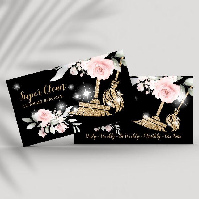 Maid Cleaning House Sparkling Gold Floral Business Business Card (Creator Uploaded)