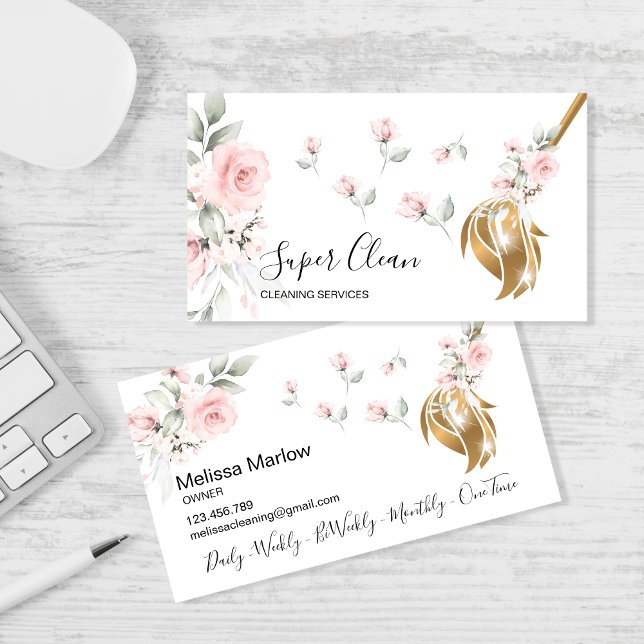 Maid Cleaning House Sparkling gold floral Business Card (Creator Uploaded)