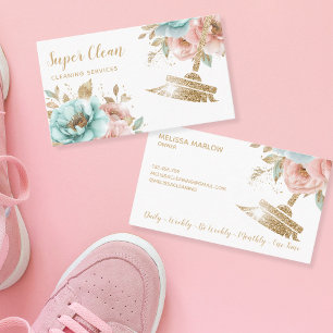 Maid Cleaning House Sparkling Gold Floral Business Card