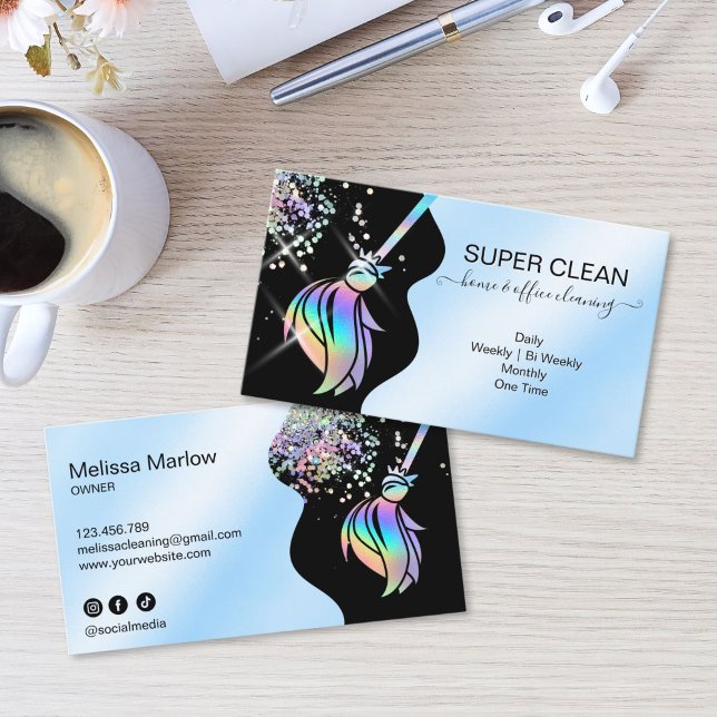 Maid Cleaning House Sparkling Holograph Business C Business Card (Maid Cleaning House Sparkling Business Card with holographic broom logo, glitter and water splash)