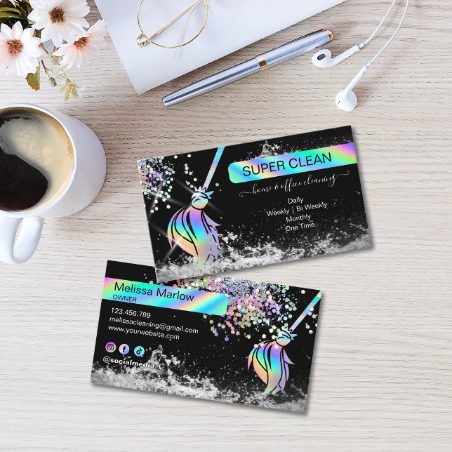 Maid Cleaning House Sparkling Holograph Business C Business Card (Maid Cleaning House Sparkling Business Card with holographic broom logo, glitter and water splash)