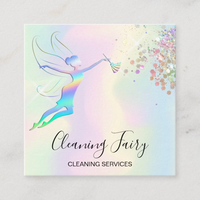 Maid Cleaning House Sparkling Holograph Fairy Square Business Card (Front)