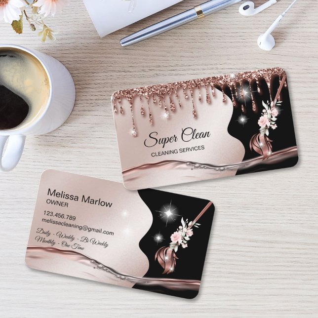 Maid Cleaning House Sparkling rose gold Business Card (Maid Cleaning House Sparkling Business Card with rose gold broom logo, glitter and water splash)