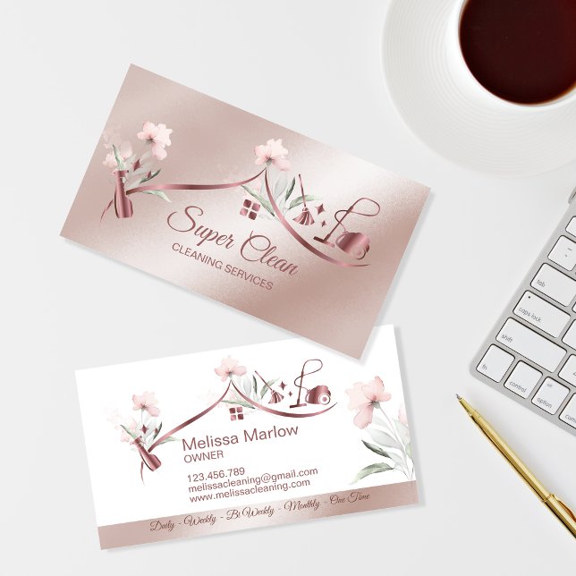 Maid Cleaning House Sparkling rose gold floral Bus Business Card (Creator Uploaded)