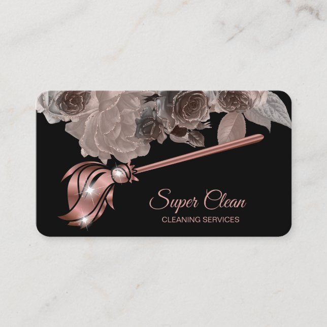 Maid Cleaning House Sparkling rose gold Floral Business Card (Front)