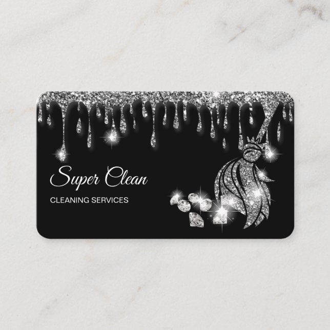 Maid Cleaning House Sparkling silver diamonds Business Card (Front)