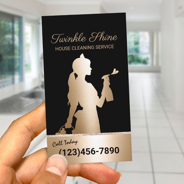 Maid Cleaning Service Black & Gold Housekeeping Business Card (Creator Uploaded)