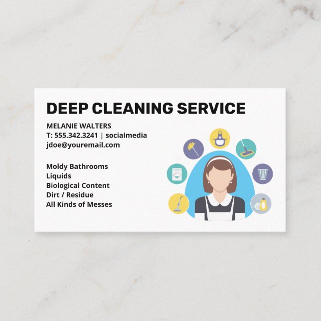Maid | Cleaning Service Icons Business Card (Front)