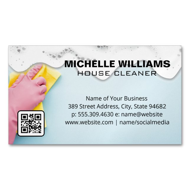 Maid Cleaning | Soap Suds | QR Code Magnetic Business Card (Front)
