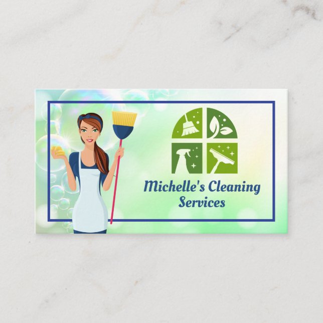 Maid Holding Broom | Soap Bubbles Business Card (Front)