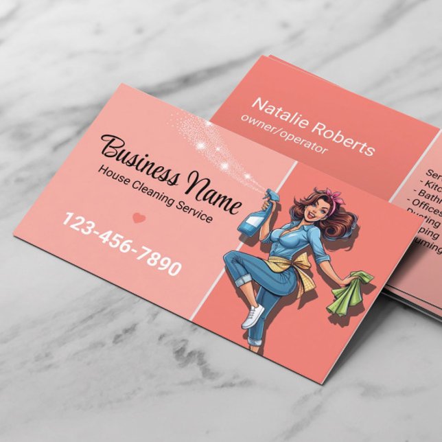 Maid House Cleaning Service Retro Pink Business Card (Creator Uploaded)