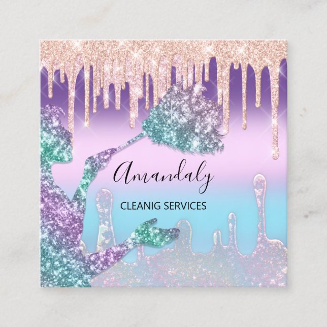 Maid House Cleaning Services Logo Drips Ombre Square Business Card (Front)