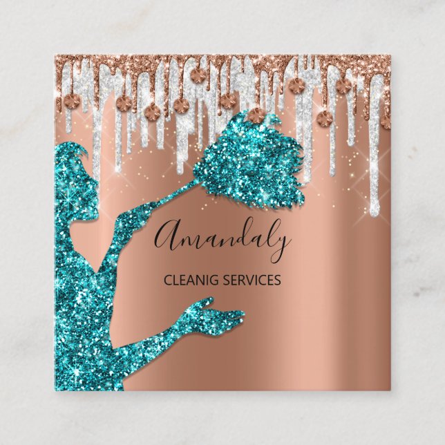Maid House Cleaning Services Logo Grey Drip Teal Square Business Card (Front)