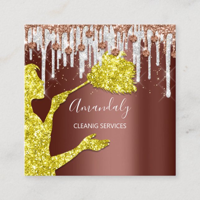 Maid House Cleaning Services Logo Grey Drip Yellow Square Business Card (Front)