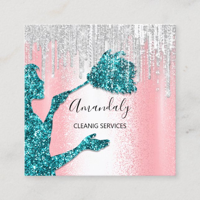 Maid House Cleaning Services Logo Grey Drips Teal Square Business Card (Front)