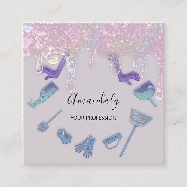 Maid House Cleaning Services Logo Ombre Purple Square Business Card (Front)