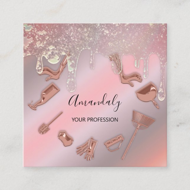 Maid House Cleaning Services Logo Rose Drip Unique Square Business Card (Front)